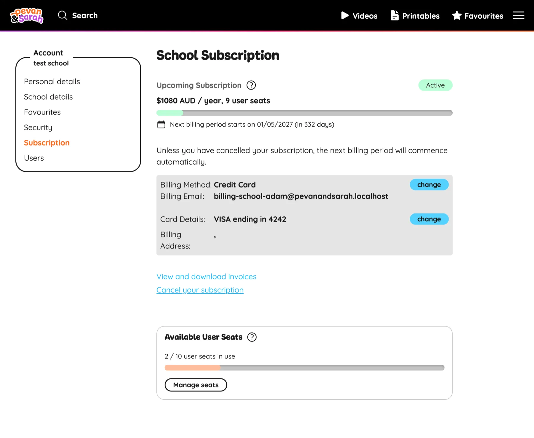 Pevan & Sarah School Subscriptions — screenshot 2